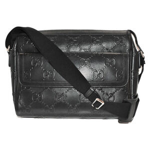 GUCCI Messenger Bag Black Leather GG Embossed Shoulder Crossbody